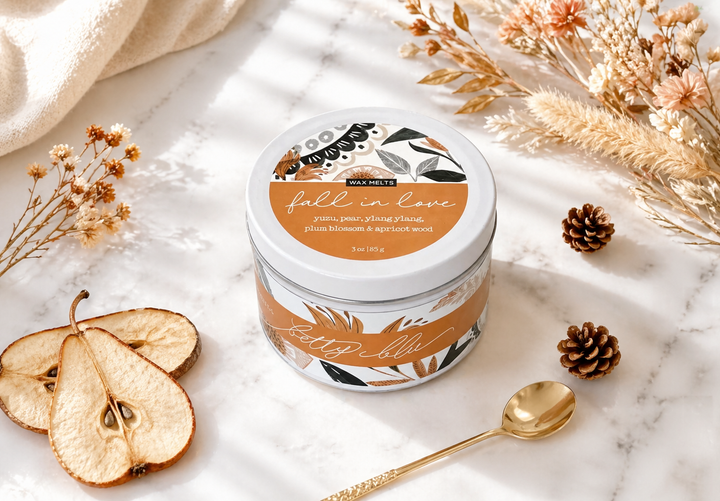 Sweater Weather, Candle & Wax Melt Gift Set by Betty Blu, open tin of caramel colored melts