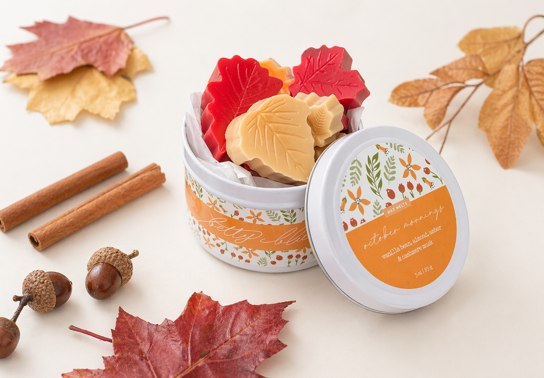 The Orchard Walk, Fall Wax Melt Gift Set by Betty Blu, open tin of yellow melts with cinnamon and leaves