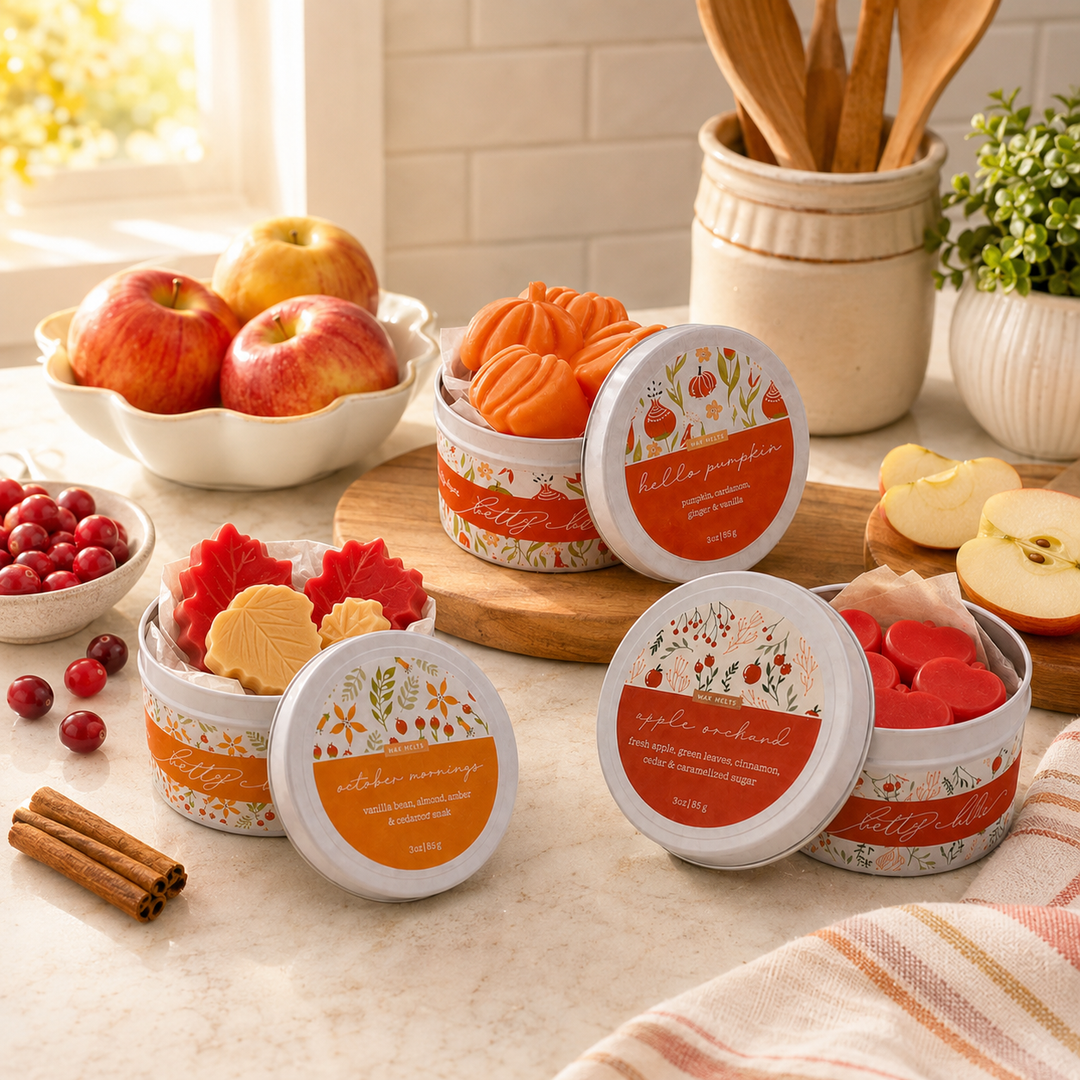 The Orchard Walk fall gift set from Betty Blu, Apple Orchard, Hello Pumpkin and October Mornings wax melts, hand poured in Sarasota, Florida