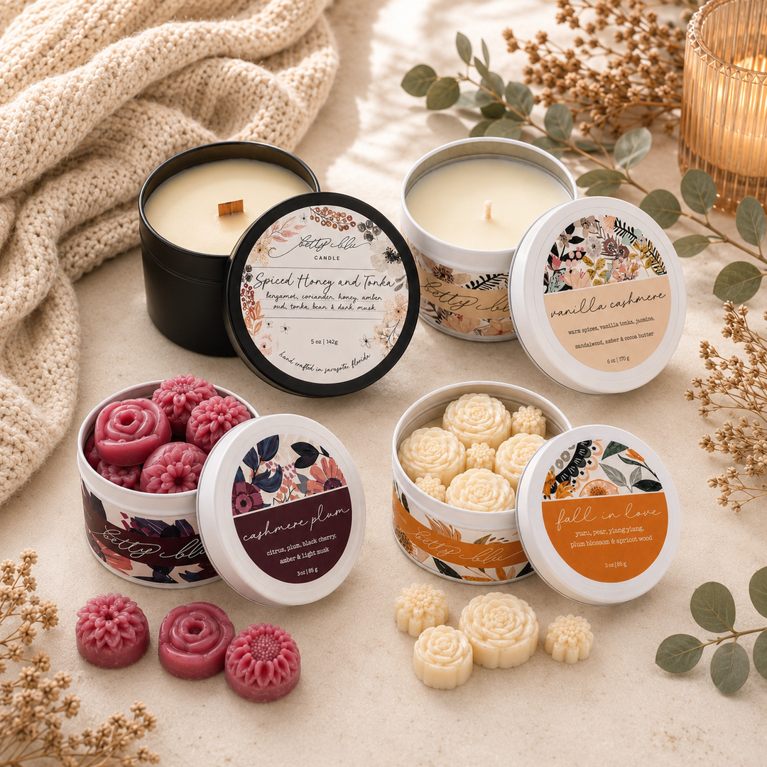The Sweater Weather gift set from Betty Blu, the Vanilla Cashmere and Spiced Honey and Tonka candles with Fall in Love and Cashmere Plum wax melts