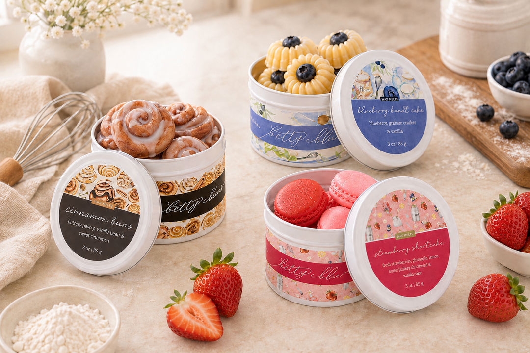 The Bakery Trio wax melt set from Betty Blu, Cinnamon Buns, Blueberry Bundt Cake and Strawberry Shortcake, hand poured in small batches