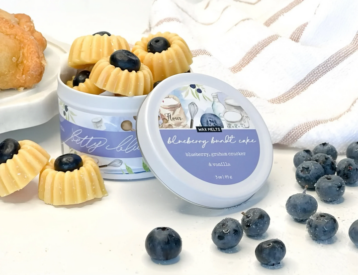 Blueberry Bundt Cake wax melts in a kitchen – bakery scent with blueberry, graham cracker, and vanilla – phthalate-free, hand-poured in USA