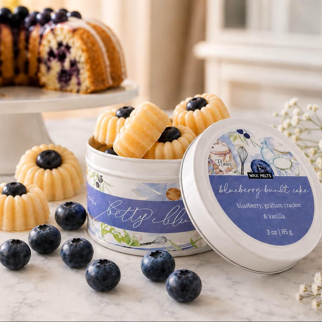 The Bakery Box, Four Wax Melt Gift Set by Betty Blu, open tin of blueberry cake melts with blueberries