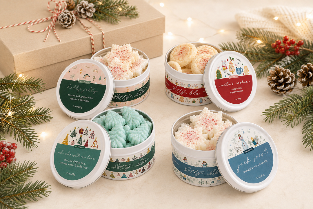 The Christmas Morning Box holiday gift set from Betty Blu, four hand poured wax melts including Oh Christmas Tree, Santa's Cookies, Holly Jolly and Jack Frost