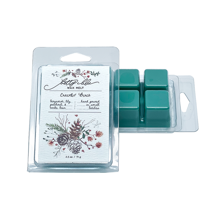 Cracklin Birch wax melts in clear clamshell with birch woodland artwork.