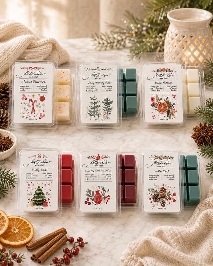 The Holiday Sampler, Six Wax Melt Gift Set by Betty Blu, six wax melt clamshells with holiday greenery