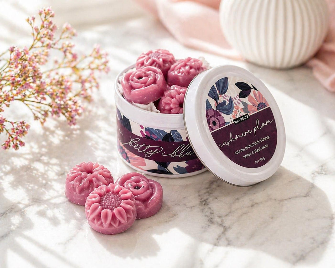 Sweater Weather, Candle & Wax Melt Gift Set by Betty Blu, open tin of purple heart shaped melts