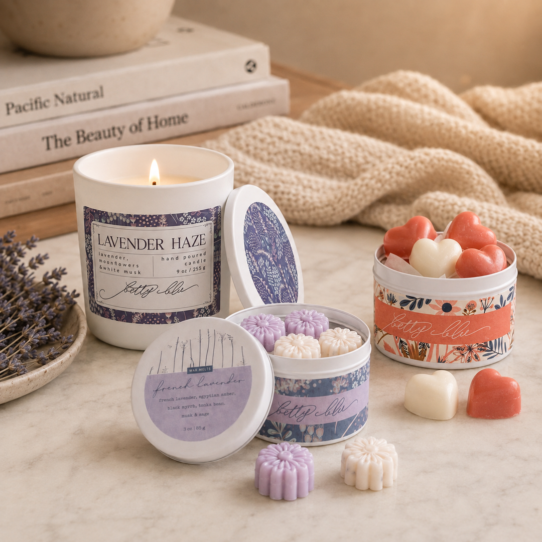The Quiet Evening Set from Betty Blu, the Lavender Haze candle with French Lavender and Vanilla Santal wax melts, hand poured in Sarasota, Florida