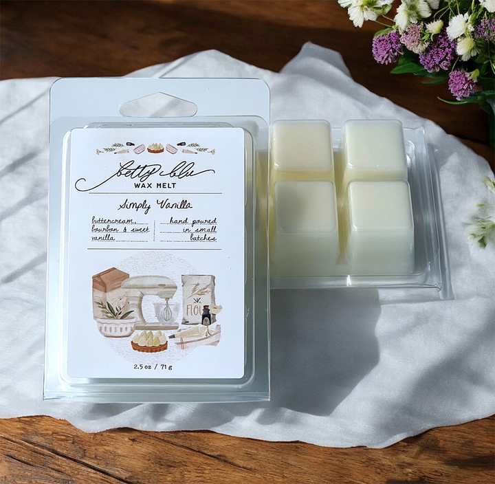 Simply Vanilla Wax Melts – Clamshell style with illustrated kitchen label and soft cream color
