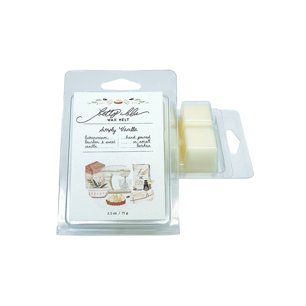 Simply Vanilla Wax Melts – Clamshell style with illustrated kitchen label and soft cream color