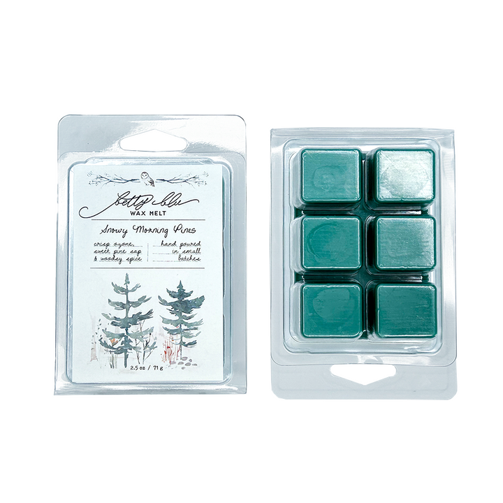 Snowy Morning Pines wax melts with illustrated pine label.