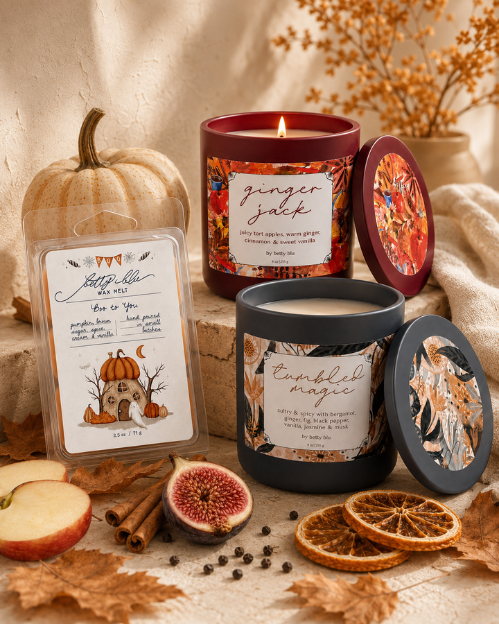 Trick of the Light, Halloween Candle Gift Set by Betty Blu, two black jar candles with a pumpkin and wax melts