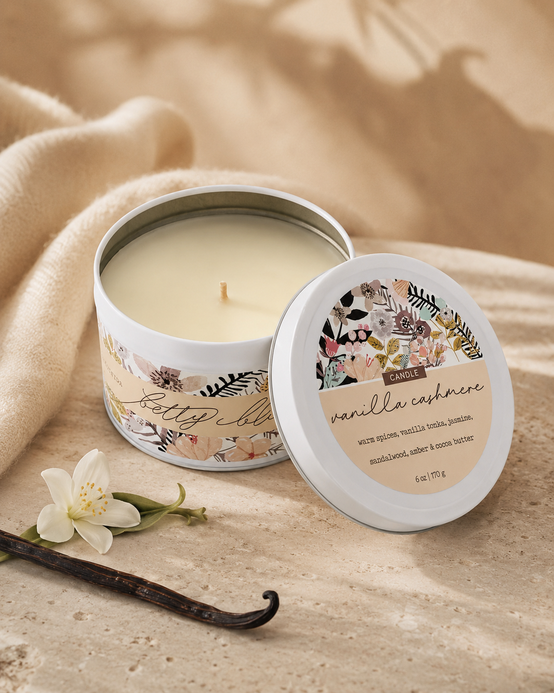 Sweater Weather, Candle & Wax Melt Gift Set by Betty Blu, lit tin candle with dried flowers