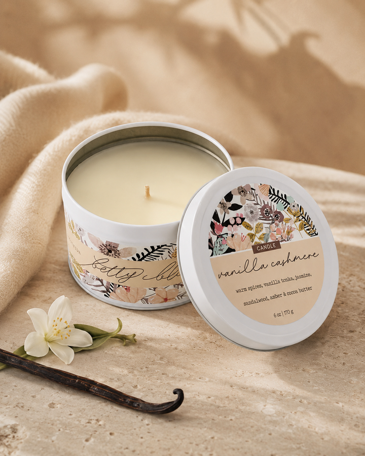 Sweater Weather, Candle & Wax Melt Gift Set by Betty Blu, lit tin candle with dried flowers