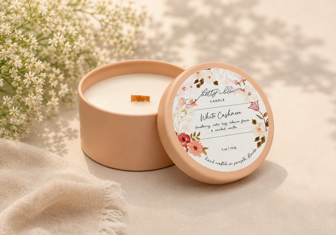 White Cashmere candle in a blush ceramic vessel, hand-poured by Betty Blu in Sarasota, Florida