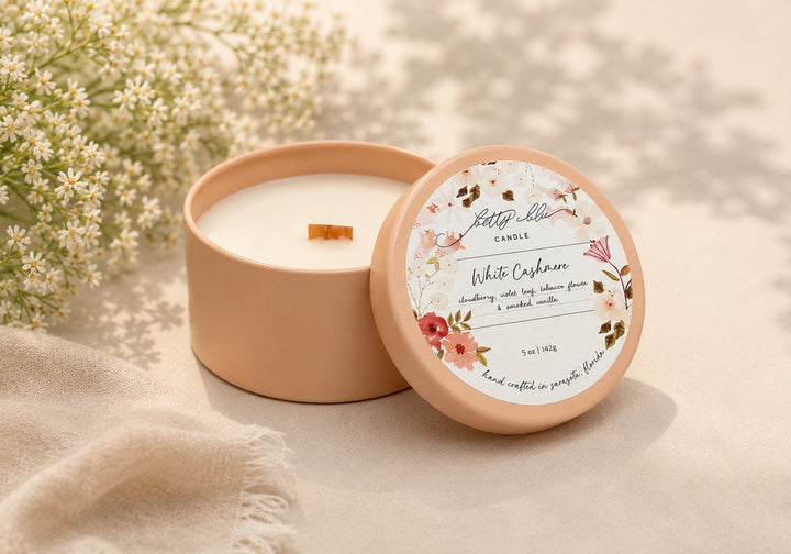 White Cashmere candle in a blush ceramic vessel, hand-poured by Betty Blu in Sarasota, Florida