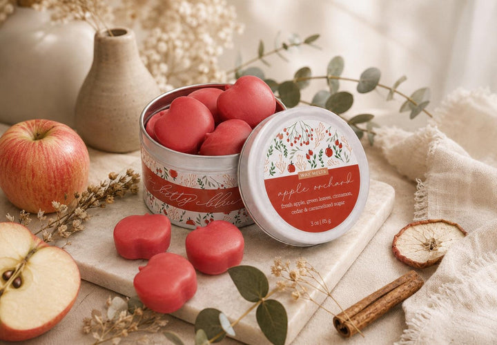 The Orchard Walk, Fall Wax Melt Gift Set by Betty Blu, open tin of red heart shaped melts