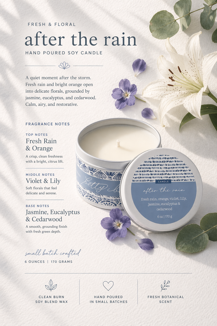 After the Rain Candle by Betty Blu, hand-poured in small batches in Sarasota, Florida