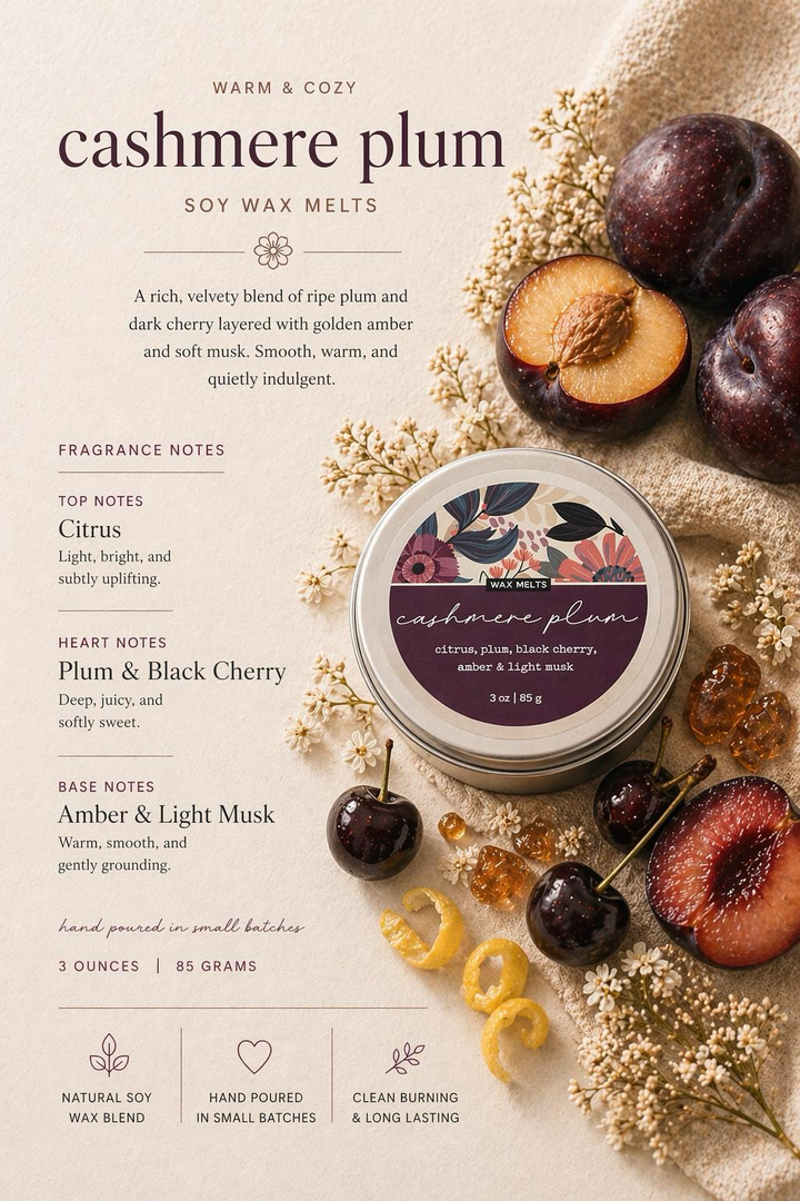 Cashmere Plum Wax Melts from Betty Blu, hand-poured wax melts