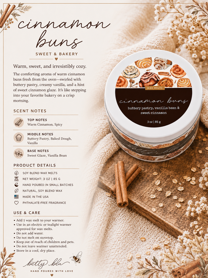 Cinnamon Buns Wax Melts by Betty Blu, hand-poured in small batches in Sarasota, Florida