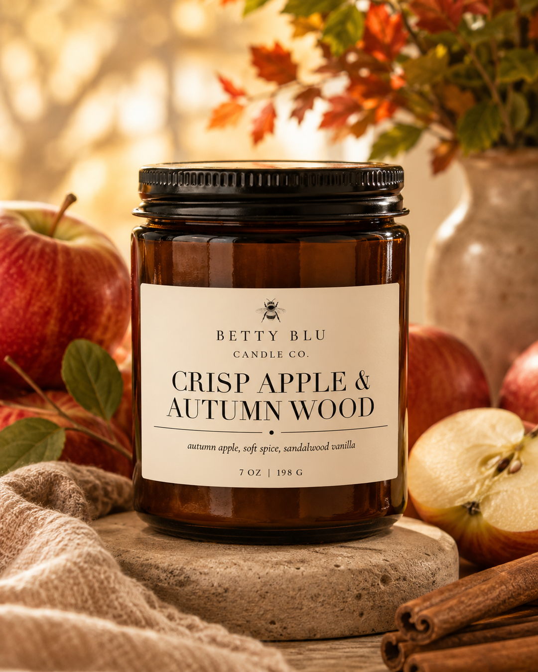 Crisp Apple & Autumn Wood Candle by Betty Blu, hand-poured in small batches in Sarasota, Florida