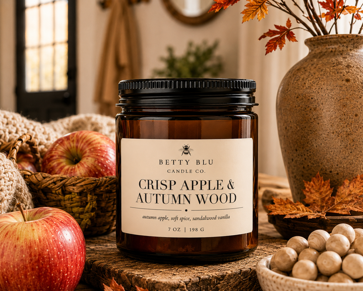 Crisp Apple & Autumn Wood Candle from Betty Blu, phthalate-free and hand-poured in Sarasota, Florida