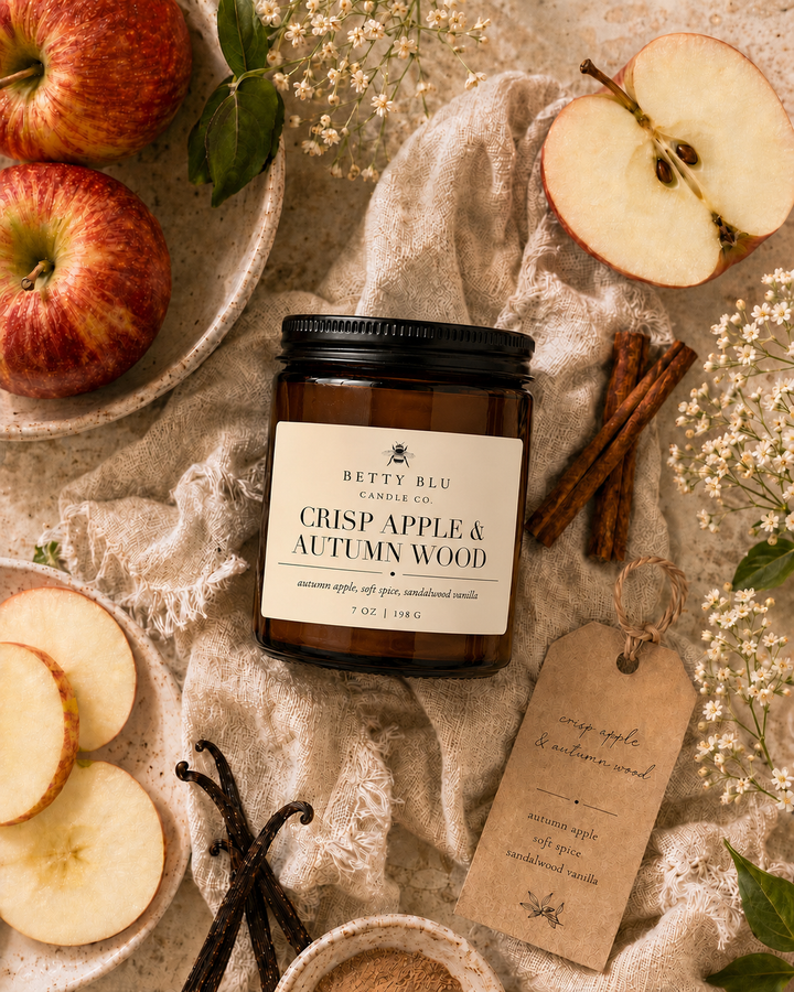Crisp Apple & Autumn Wood Candle by Betty Blu, hand-poured in small batches in Sarasota, Florida