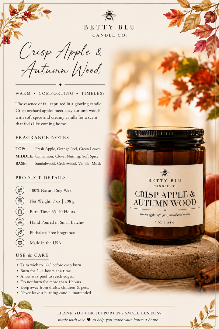 Crisp Apple & Autumn Wood Candle, a hand-poured candle from Betty Blu