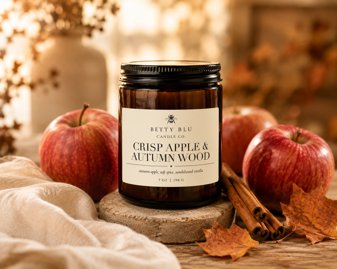Crisp Apple & Autumn Wood Candle by Betty Blu, small-batch candle made in Florida