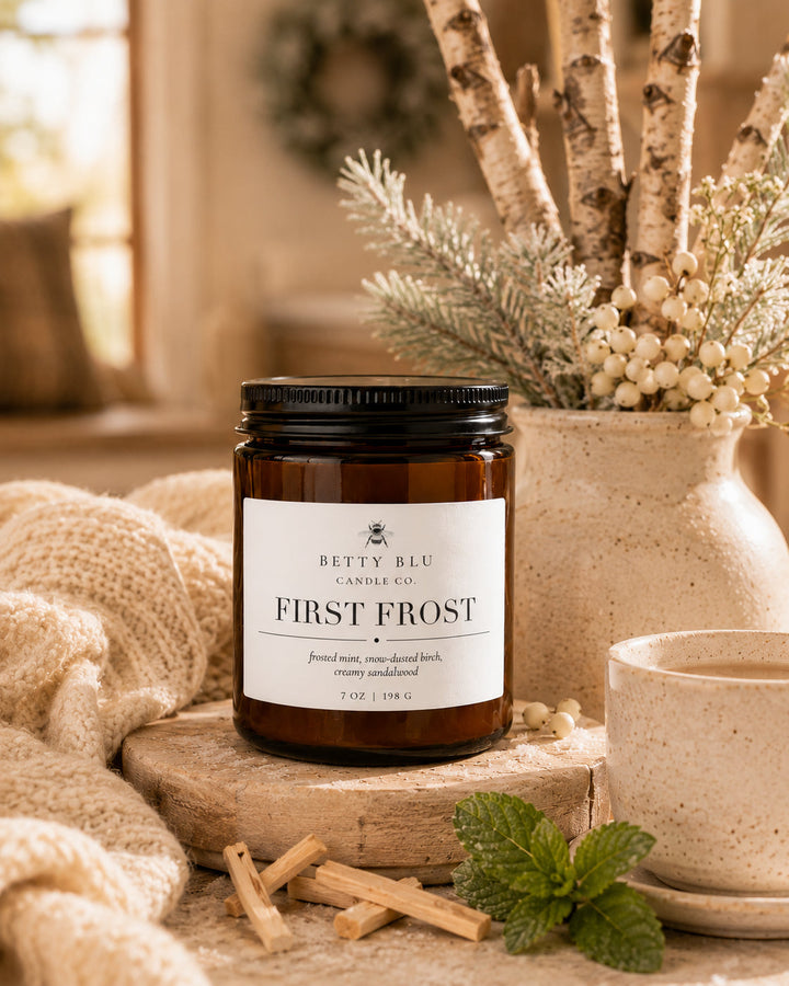 First Frost candle shown lit, cool winter scent from Betty Blu