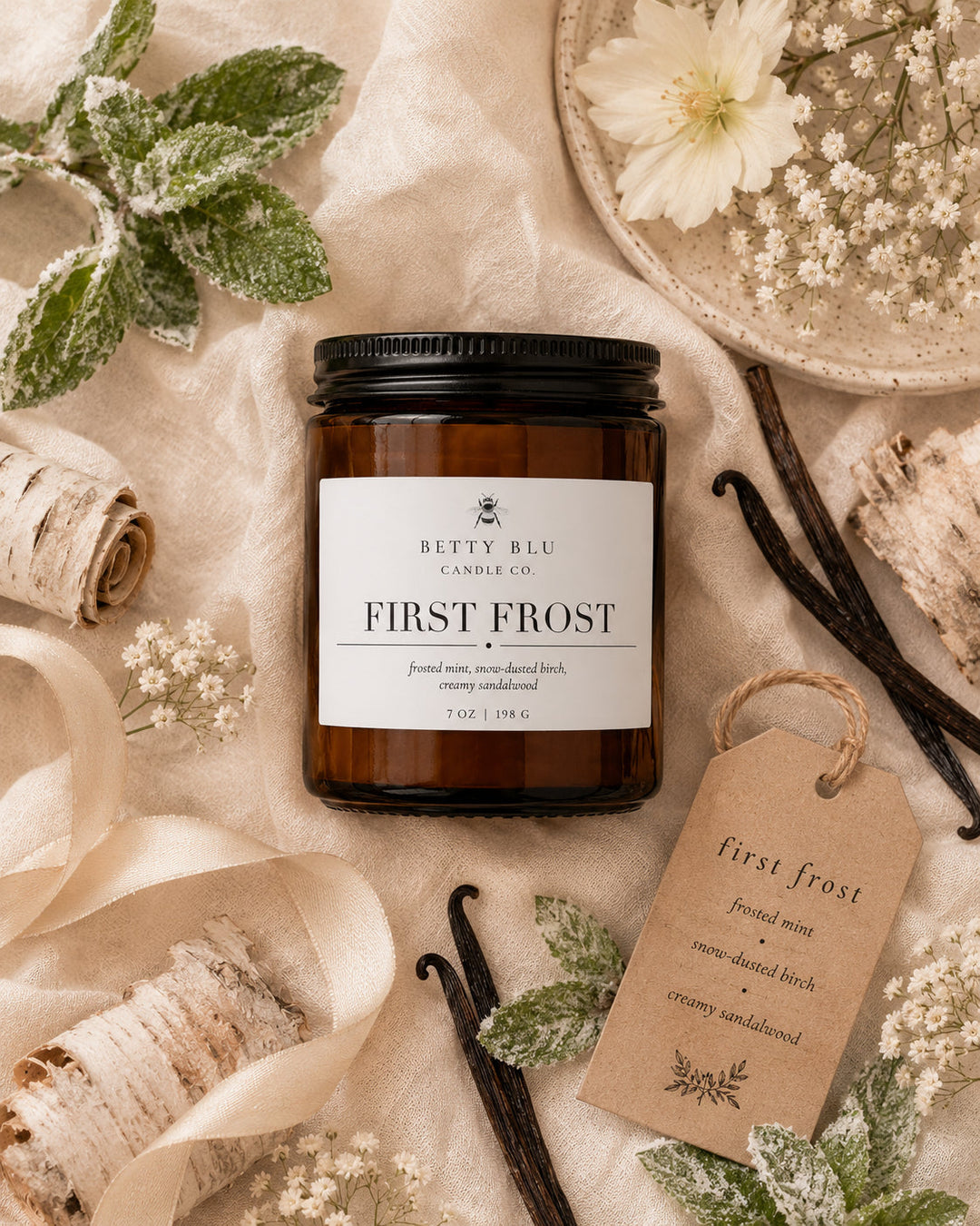 First Frost candle styled for winter, phthalate-free and hand-poured
