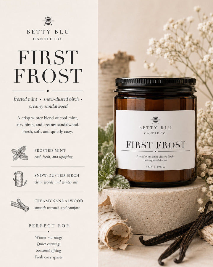 Close view of the First Frost candle label from Betty Blu