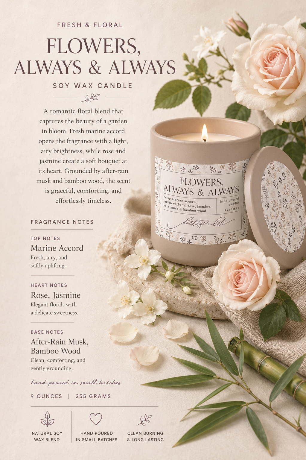 Flowers Always and Always Candle by Betty Blu, hand-poured in small batches in Sarasota, Florida