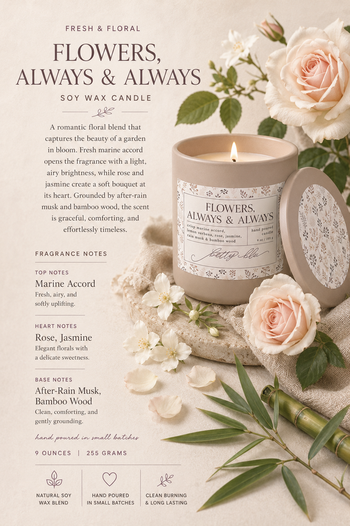 Flowers Always and Always Candle by Betty Blu, hand-poured in small batches in Sarasota, Florida