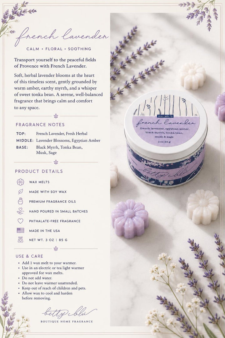 French Lavender Wax Melts by Betty Blu, small-batch wax melts made in Florida