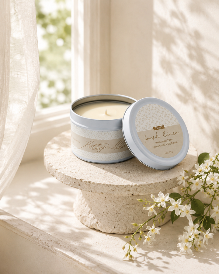 Fresh Linen Candle by Betty Blu, hand-poured in small batches in Sarasota, Florida