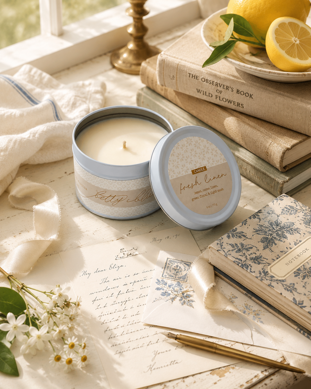 Fresh Linen Candle from Betty Blu, phthalate-free and hand-poured in Sarasota, Florida
