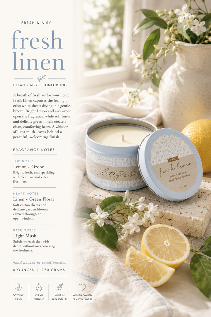 Fresh Linen Candle from Betty Blu, hand-poured candle