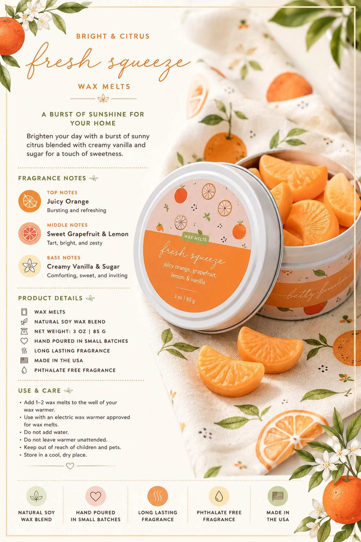 Fresh Squeeze Wax Melts by Betty Blu, hand-poured in small batches in Sarasota, Florida