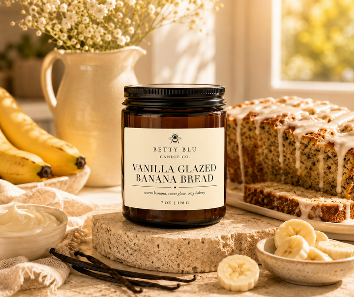 Vanilla Glazed Banana Bread Candle by Betty Blu, hand-poured in small batches in Sarasota, Florida