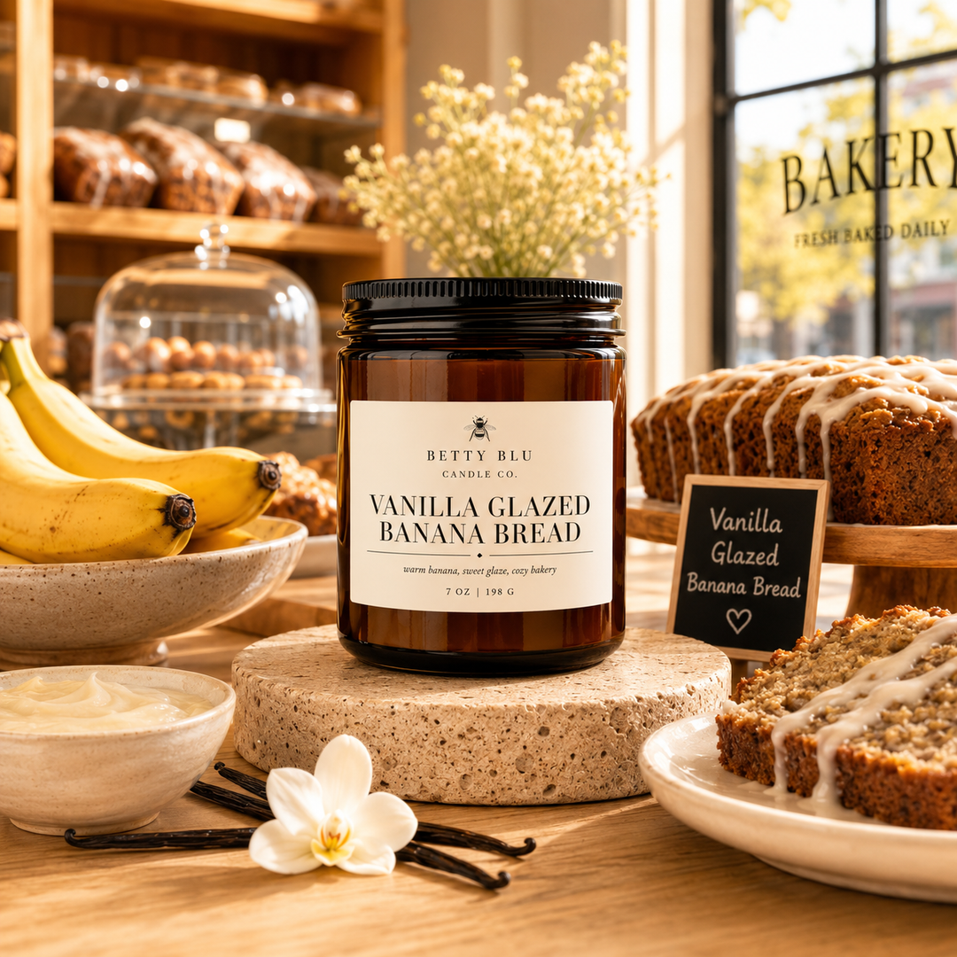Vanilla Glazed Banana Bread Candle from Betty Blu, phthalate-free and hand-poured in Sarasota, Florida