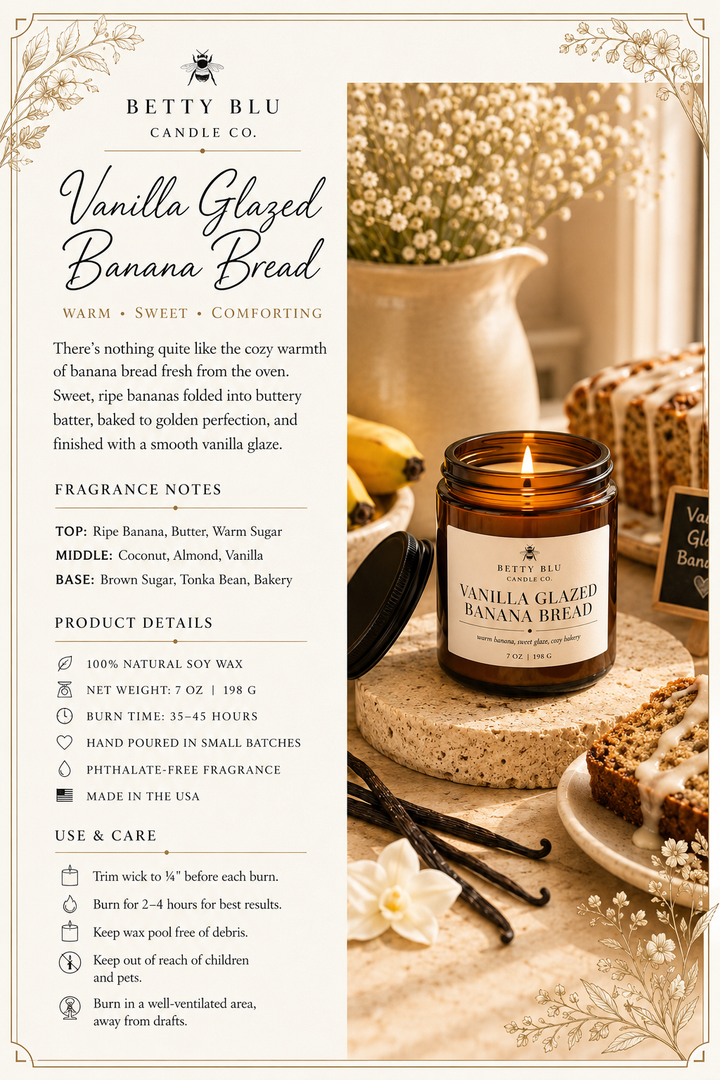 Vanilla Glazed Banana Bread Candle from Betty Blu, hand-poured candle