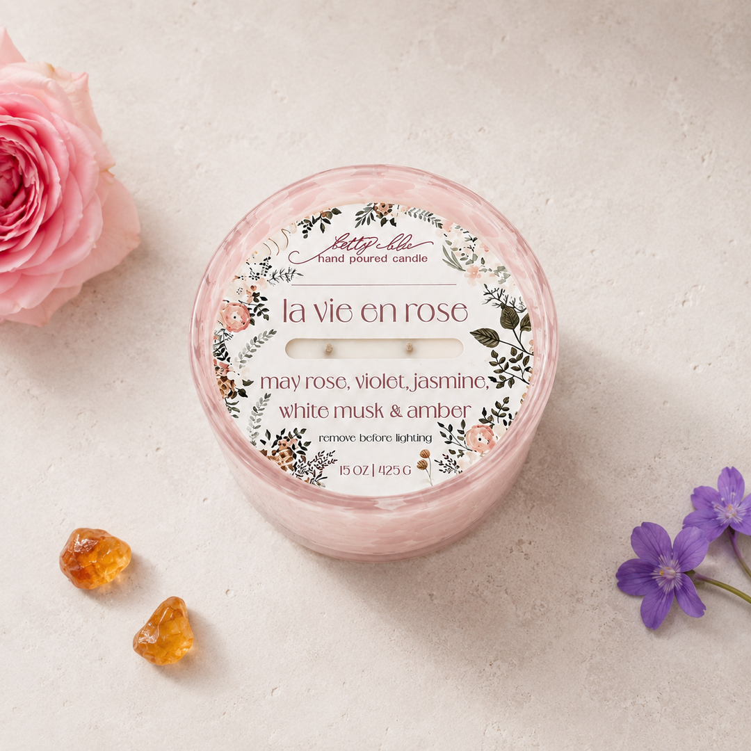 La Vie En Rose Candle by Betty Blu, hand-poured in small batches in Sarasota, Florida
