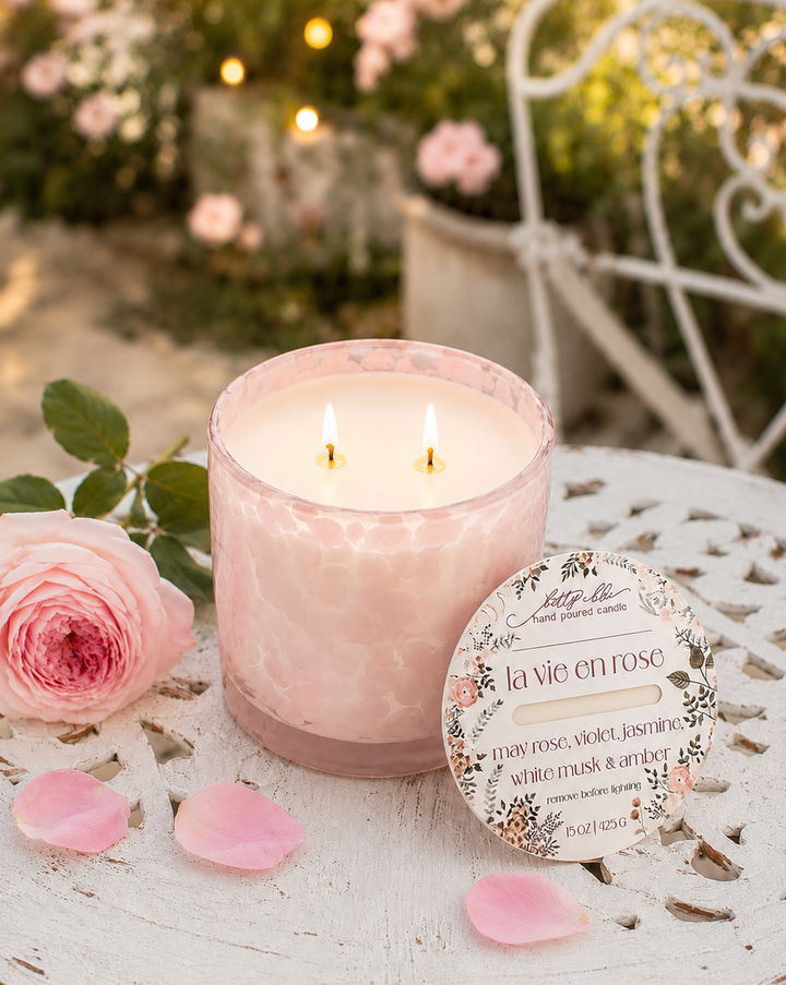 La Vie En Rose Candle by Betty Blu, hand-poured in small batches in Sarasota, Florida