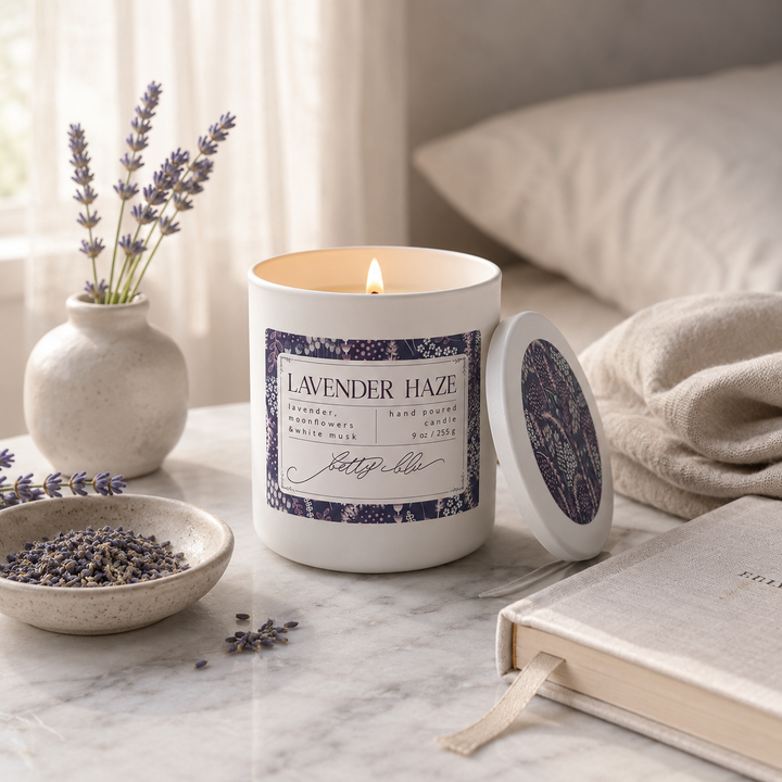 Lavender Haze Candle by Betty Blu, hand-poured in small batches in Sarasota, Florida