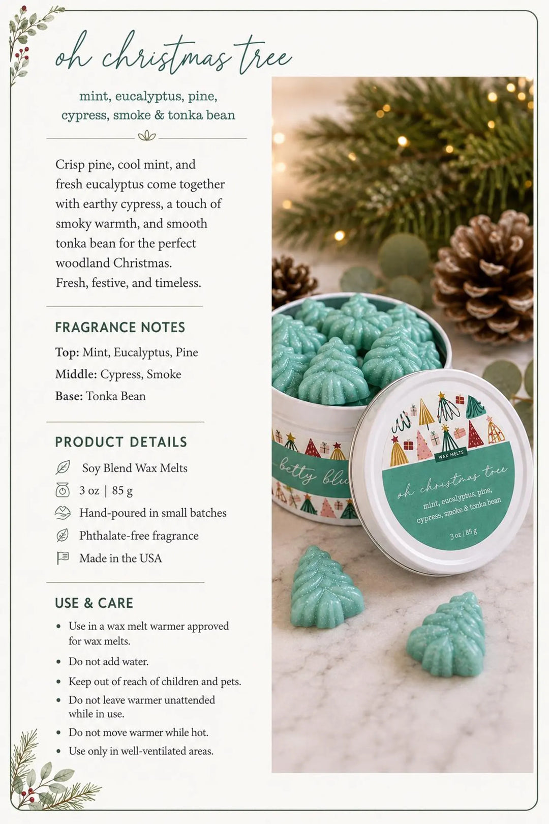 Oh Christmas Tree Wax Melts from Betty Blu, phthalate-free and hand-poured in Sarasota, Florida