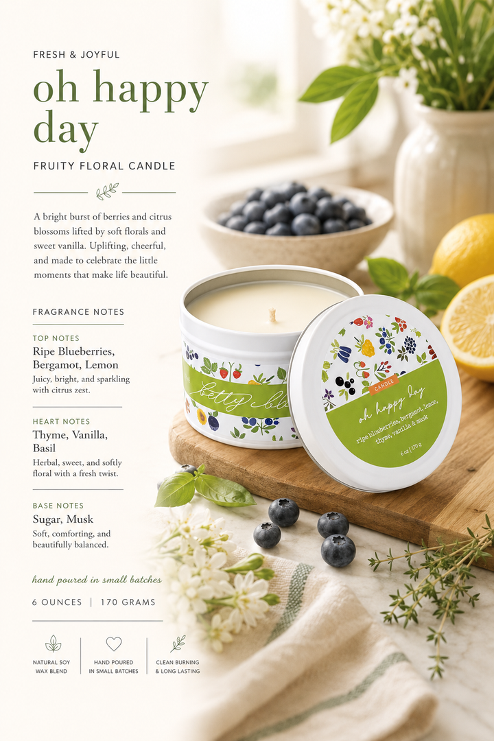 Oh Happy Day Candle from Betty Blu, hand-poured candle