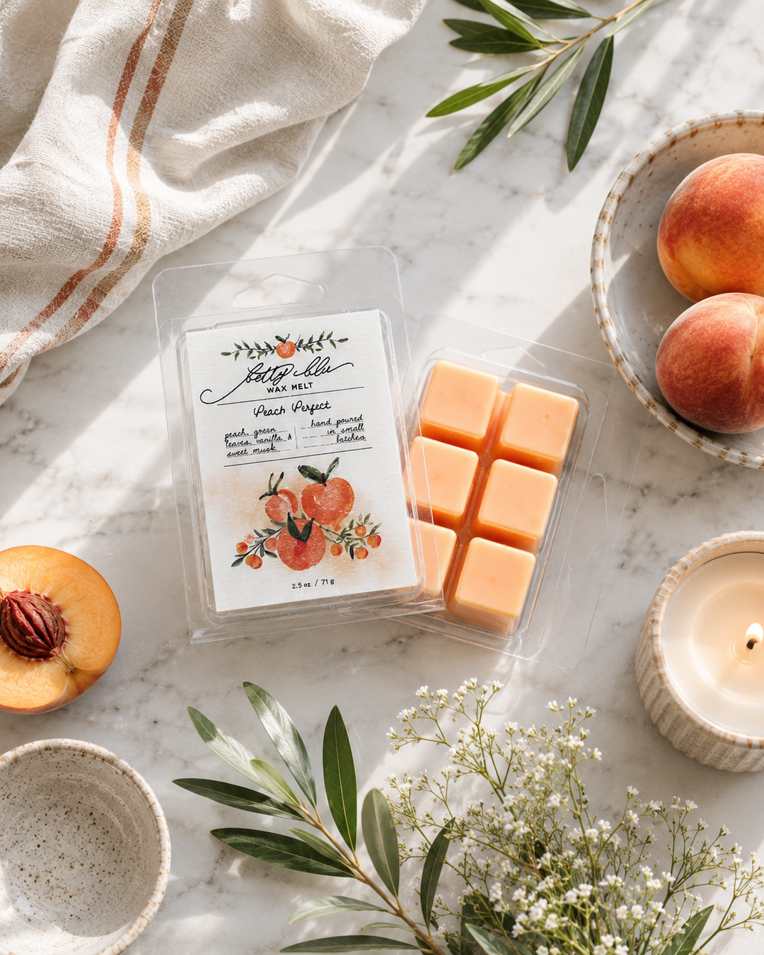 Peach Perfect Wax Melts from Betty Blu, phthalate-free and hand-poured in Sarasota, Florida