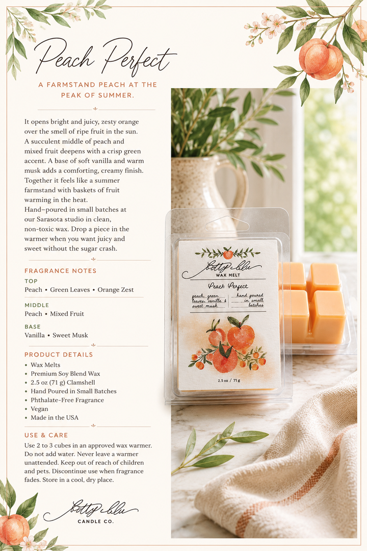 Peach Perfect Wax Melts by Betty Blu, hand-poured in small batches in Sarasota, Florida
