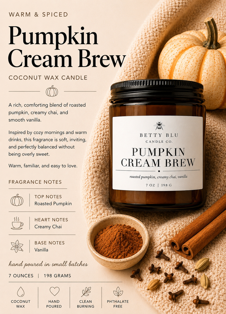 Pumpkin Cream Brew Candle by Betty Blu, hand-poured in small batches in Sarasota, Florida